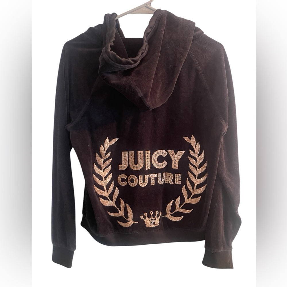 Juicy Couture Y2K Velour Full Zip Hoodie L Black Gold Crystal Studded Vintage - Picture 7 of 7